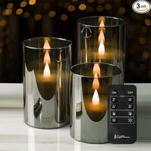 Flickering Flameless Glass LED Candles with Remote Control, 3D Flame Battery Operated Candles in Real Wax for Indoor Use and Home décor, Set of 3: 3″x4″, 3″x5″, 3″x6″ Gray