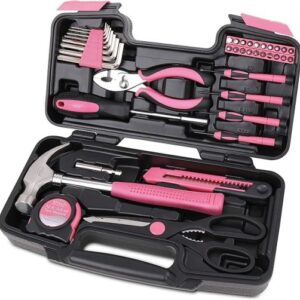 Apollo Tools Original 39 Piece General Household Tool Set in Toolbox Storage Case with Essential Hand Tools for Everyday Home Repairs, DIY and Crafts – Pink Ribbon
