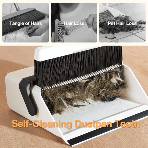 Broom With Dustpan Combo Set Uoeos One Sweep Clean Pet Hair Removal Broom With Self Cleaning Double Layer Teeth High Density Broom And Windproof Dustpan For Indoor Outdoor Standing Broom Holder Set - Image 3
